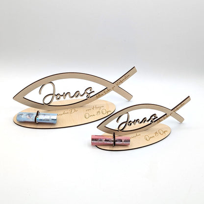 Geldgeschenk zur Konfirmation, Fisch aus Holz Personalisiert