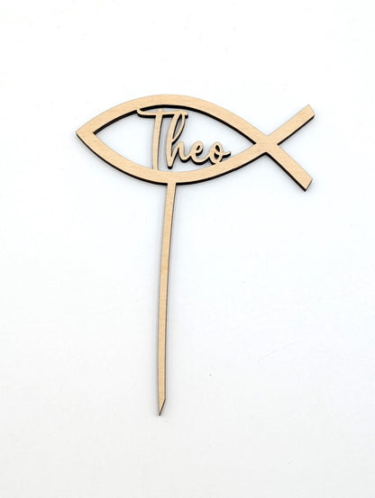 Personalisiertes Blumenstecker Fisch mit Name aus Holz, ideal als Tischdeko zur Konfirmation, Kommunion oder Taufe