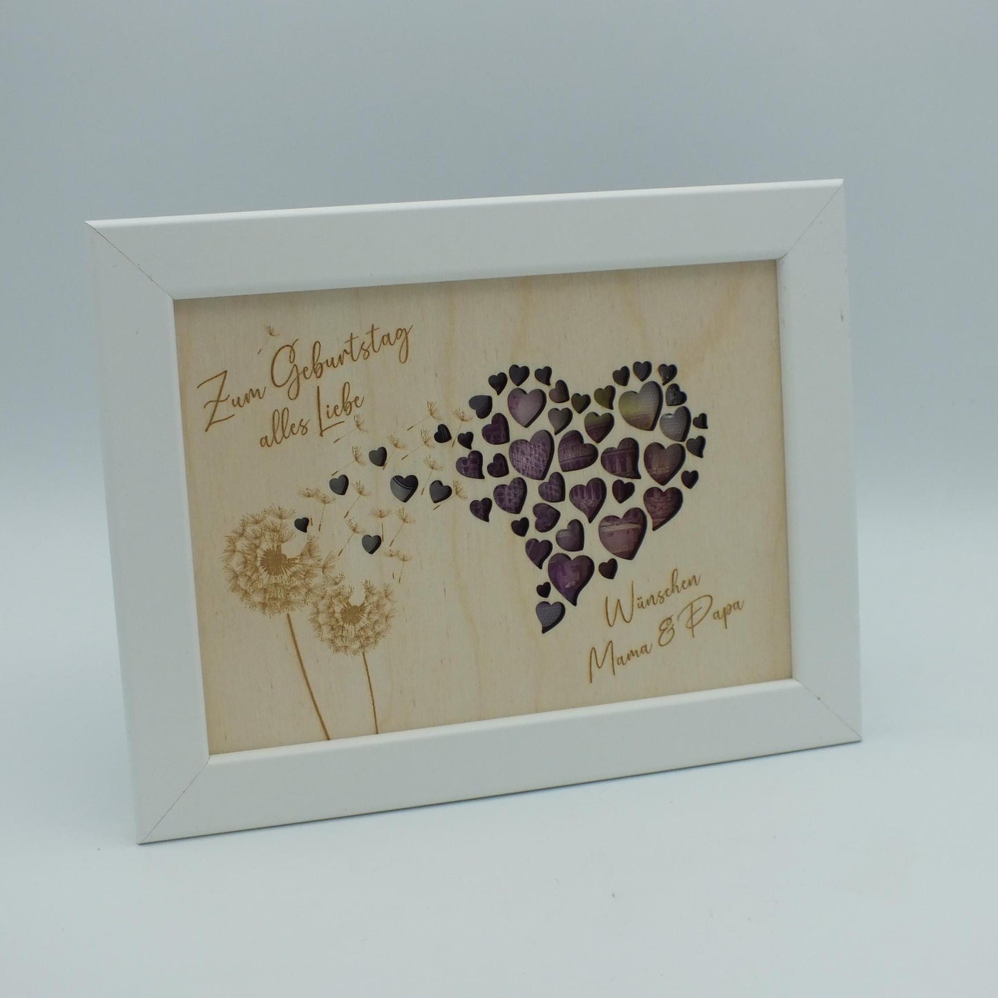 Geldgeschenk im Bilderrahmen zum Geburtstag oder Hochzeit, Herzmotiv mit Pusteblume, Größe wählbar, Größe: 13 x 18 cm oder 21 x 30 cm