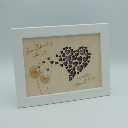 Geldgeschenk im Bilderrahmen zum Geburtstag oder Hochzeit, Herzmotiv mit Pusteblume, Größe wählbar, Größe: 13 x 18 cm oder 21 x 30 cm