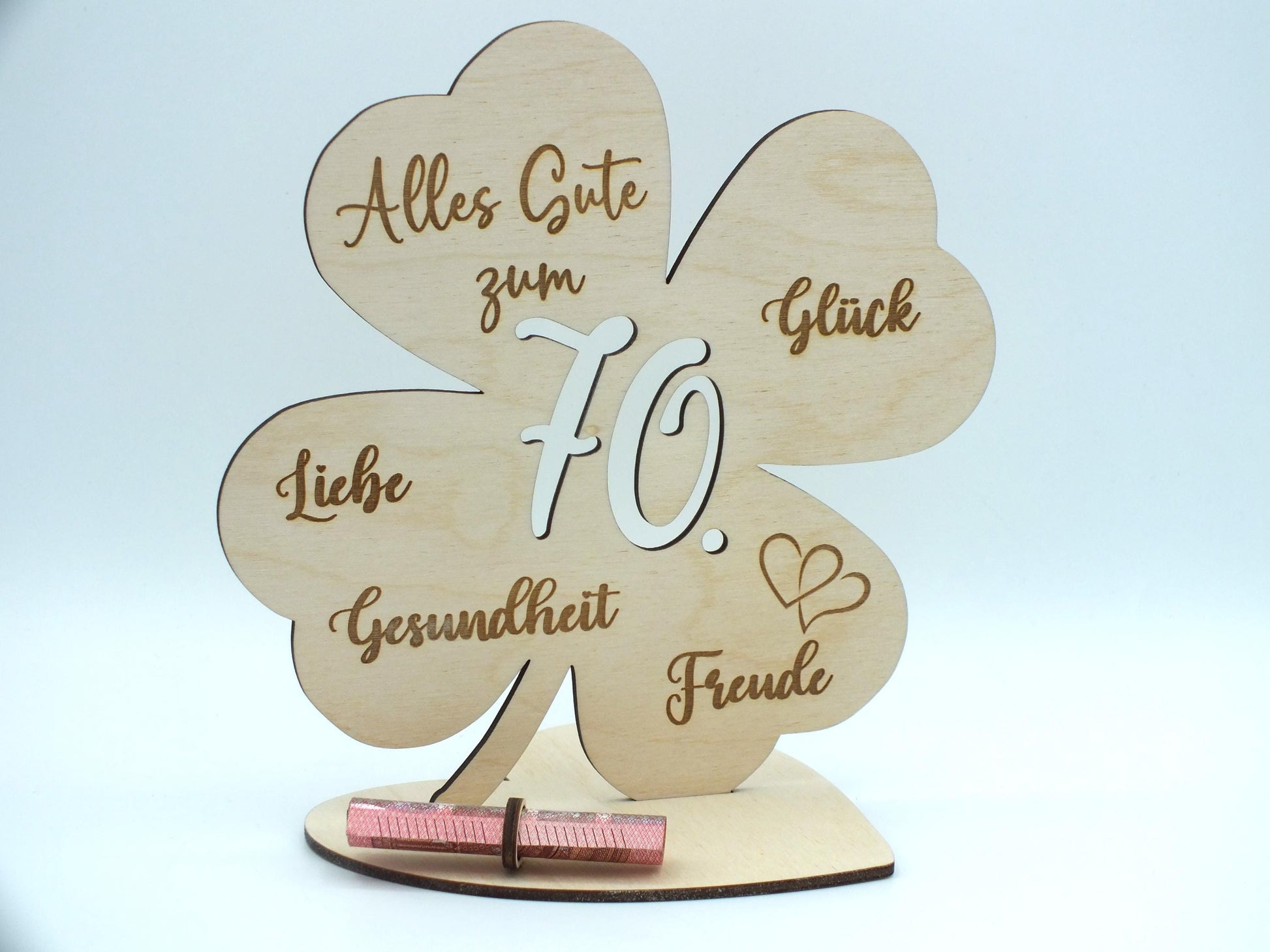 Geldgeschenk Kleeblatt Holz 70. Geburtstag, 12,5cm oder 18,0cm, Geldgeschenk auf Wunsch mit Namensgravur