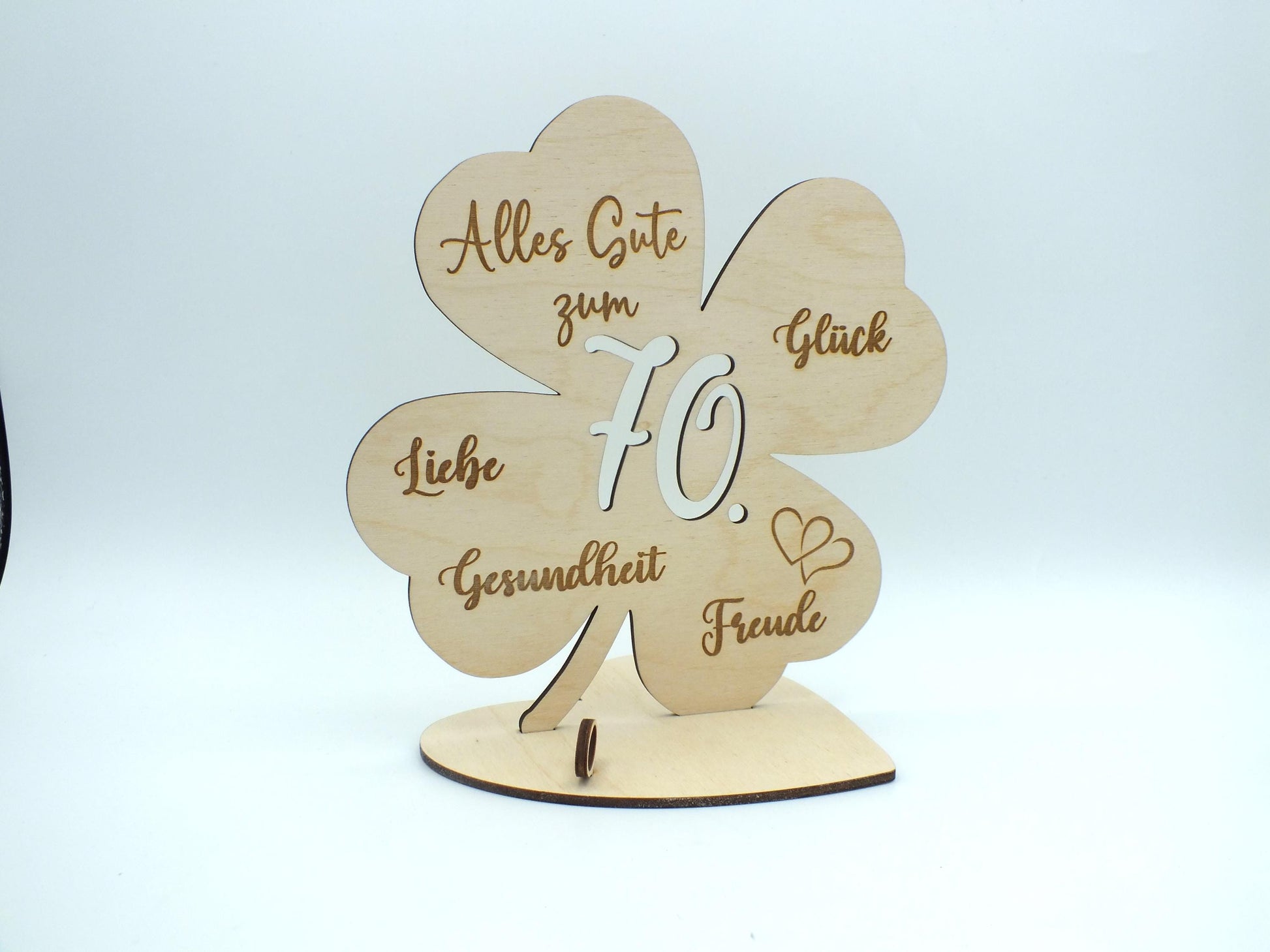 Geldgeschenk Kleeblatt Holz 70. Geburtstag, 12,5cm oder 18,0cm, Geldgeschenk auf Wunsch mit Namensgravur