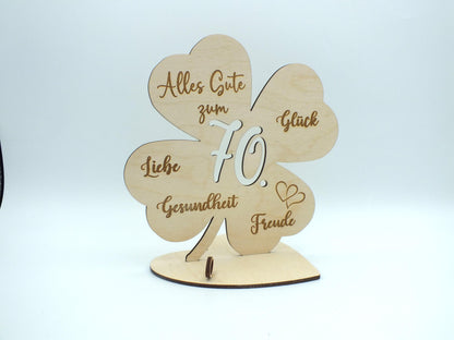 Geldgeschenk Kleeblatt Holz 70. Geburtstag, 12,5cm oder 18,0cm, Geldgeschenk auf Wunsch mit Namensgravur