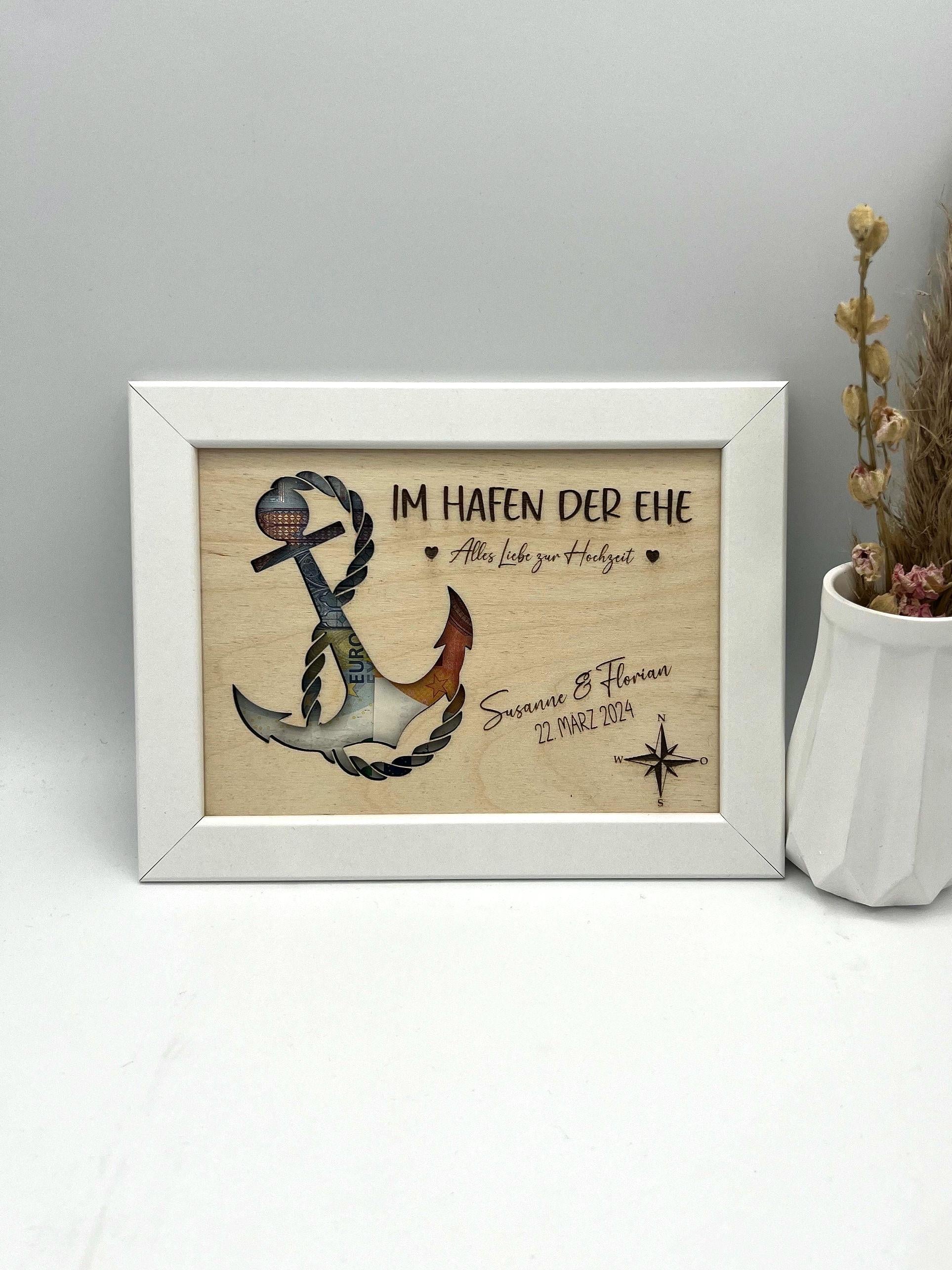 Hochzeitsgeschenk im Bilderrahmen, Geldgeschenk Anker personalisiert, Geschenk Maritim zur Hochzeit, für das Brautpaar, für Gutschein Geld