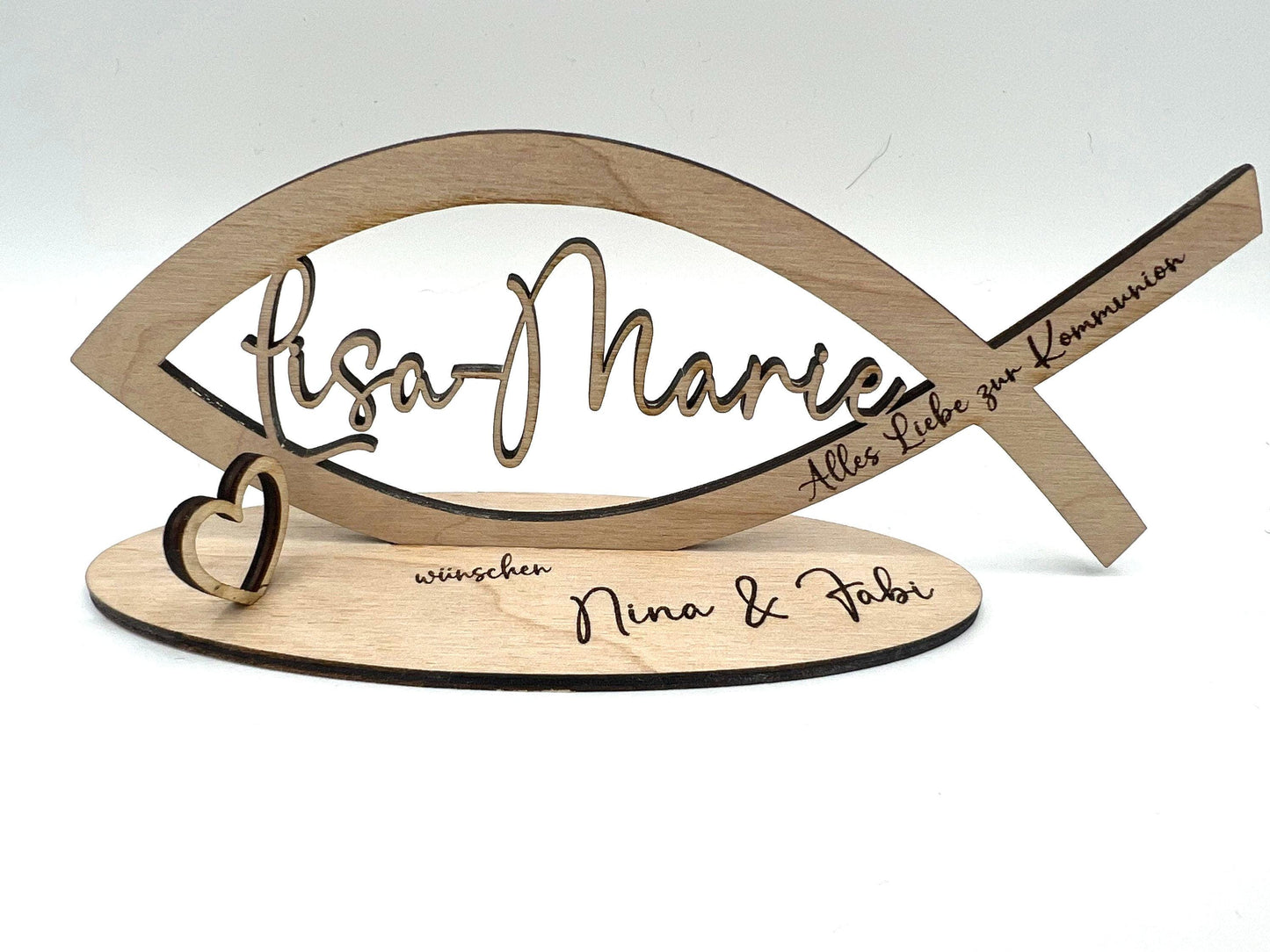 Geldgeschenk zur Kommunion aus Holz, Fisch mit Wunschname inkl. Gravur aus Holz, Konfirmation, Taufe, Jugendweihe, Namensgebung, Firmung