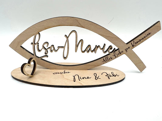 Geldgeschenk zur Kommunion aus Holz, Fisch mit Wunschname inkl. Gravur aus Holz, Konfirmation, Taufe, Jugendweihe, Namensgebung, Firmung