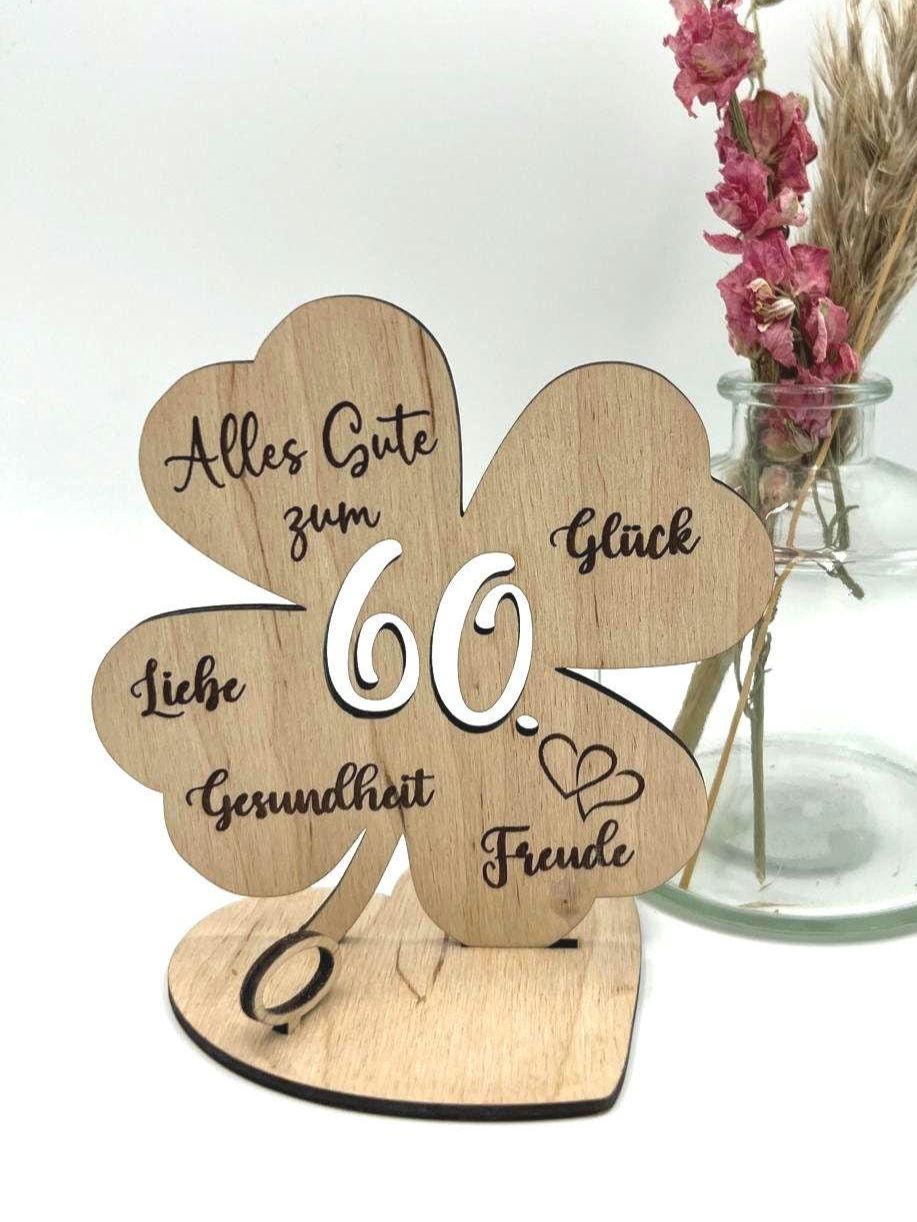 Geldgeschenk Kleeblatt Holz 60. Geburtstag, 12,5cm oder 18,0cm, Geldgeschenk auf Wunsch mit Namensgravur