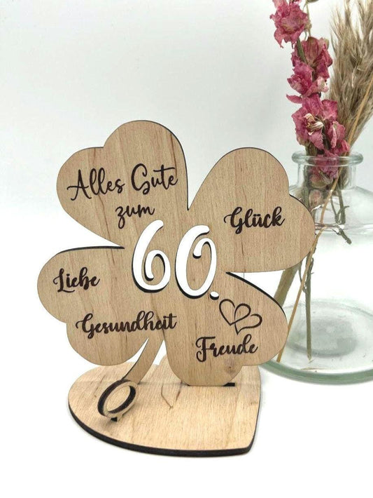 Geldgeschenk Kleeblatt Holz 60. Geburtstag, 12,5cm oder 18,0cm, Geldgeschenk auf Wunsch mit Namensgravur