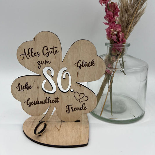Geldgeschenk Kleeblatt Holz 80. Geburtstag, 12,5cm oder 18,0cm, Geldgeschenk auf Wunsch mit Namensgravur
