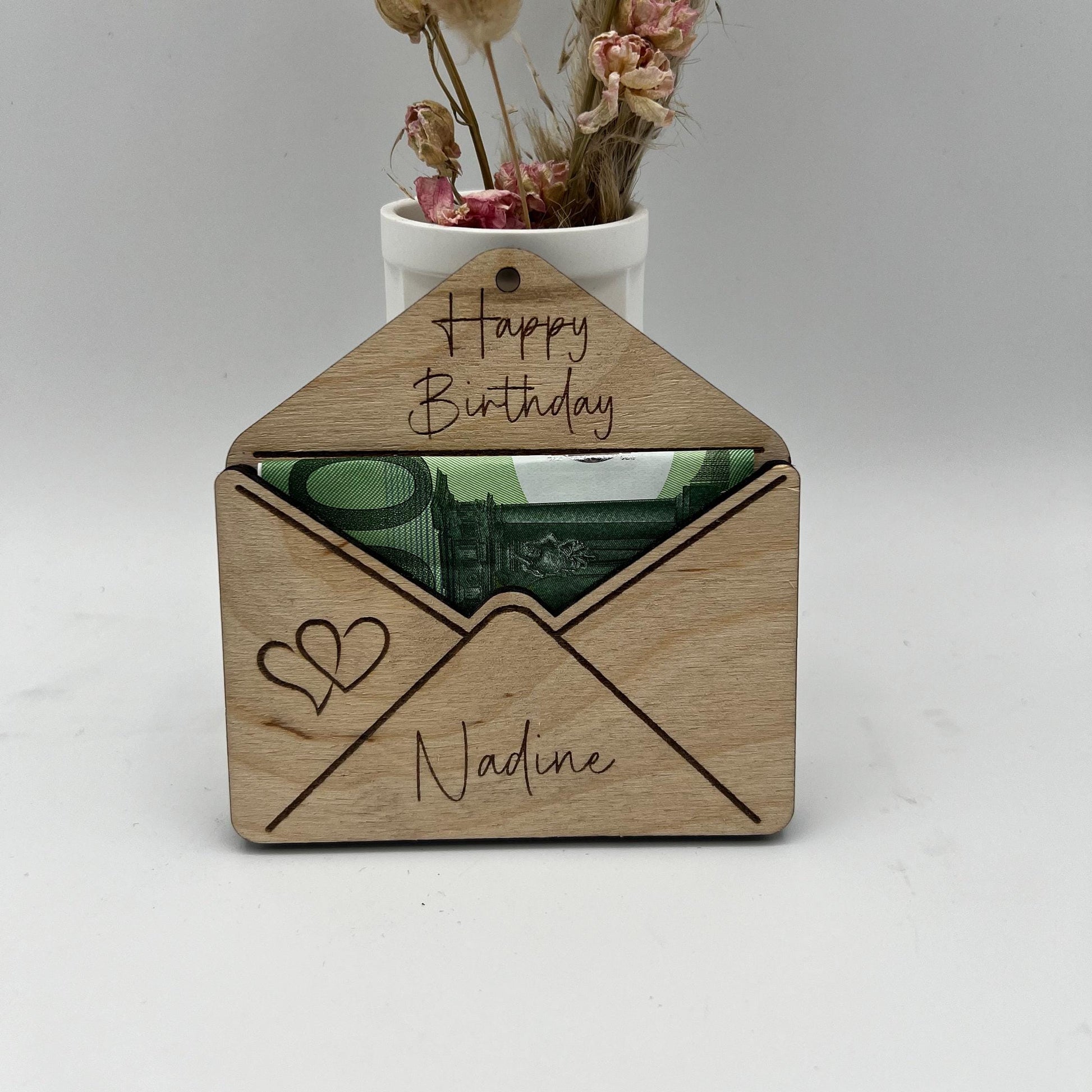 Kleiner Briefumschlag aus Holz, zum verschenken von Geld oder Gutscheinen, als Alternative zum Klassischen Umschlag, auf Wunsch auch Personalisiert mit Namen