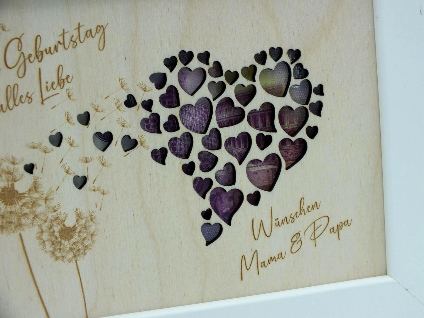 Geldgeschenk im Bilderrahmen zum Geburtstag oder Hochzeit, Herzmotiv mit Pusteblume, Größe wählbar, Größe: 13 x 18 cm oder 21 x 30 cm