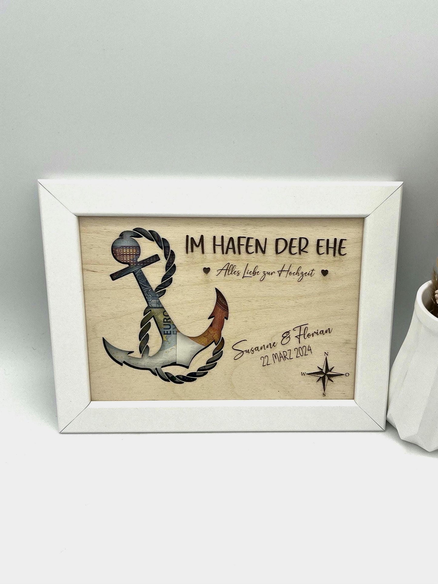 Hochzeitsgeschenk im Bilderrahmen, Geldgeschenk Anker personalisiert, Geschenk Maritim zur Hochzeit, für das Brautpaar, für Gutschein Geld