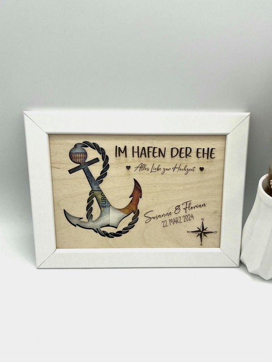 Hochzeitsgeschenk im Bilderrahmen, Geldgeschenk Anker personalisiert, Geschenk Maritim zur Hochzeit, für das Brautpaar, für Gutschein Geld