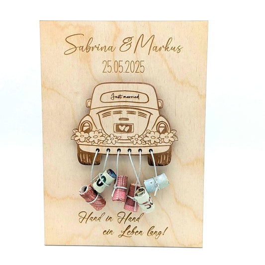 Hochzeitsgeschenk, Kreatives Geldgeschenk zur Hochzeit, Personalisiertes Holzschild mit Auto, Hochzeitsgeldgeschenk, Geld verschenken