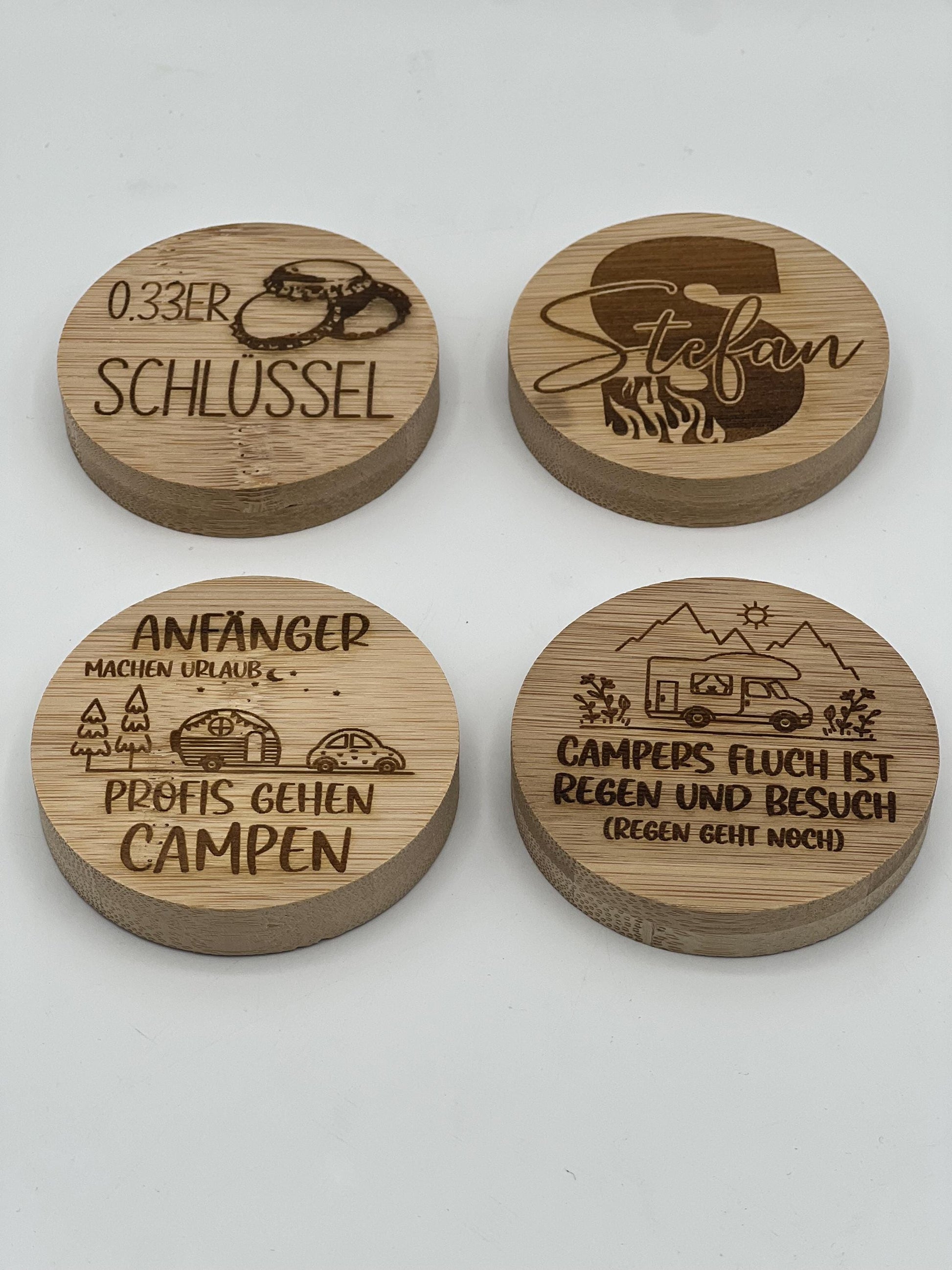 Flaschenöffner aus Holz, auf Wunsch personalisiert. 60mm Durchmesser mit Lasergravur