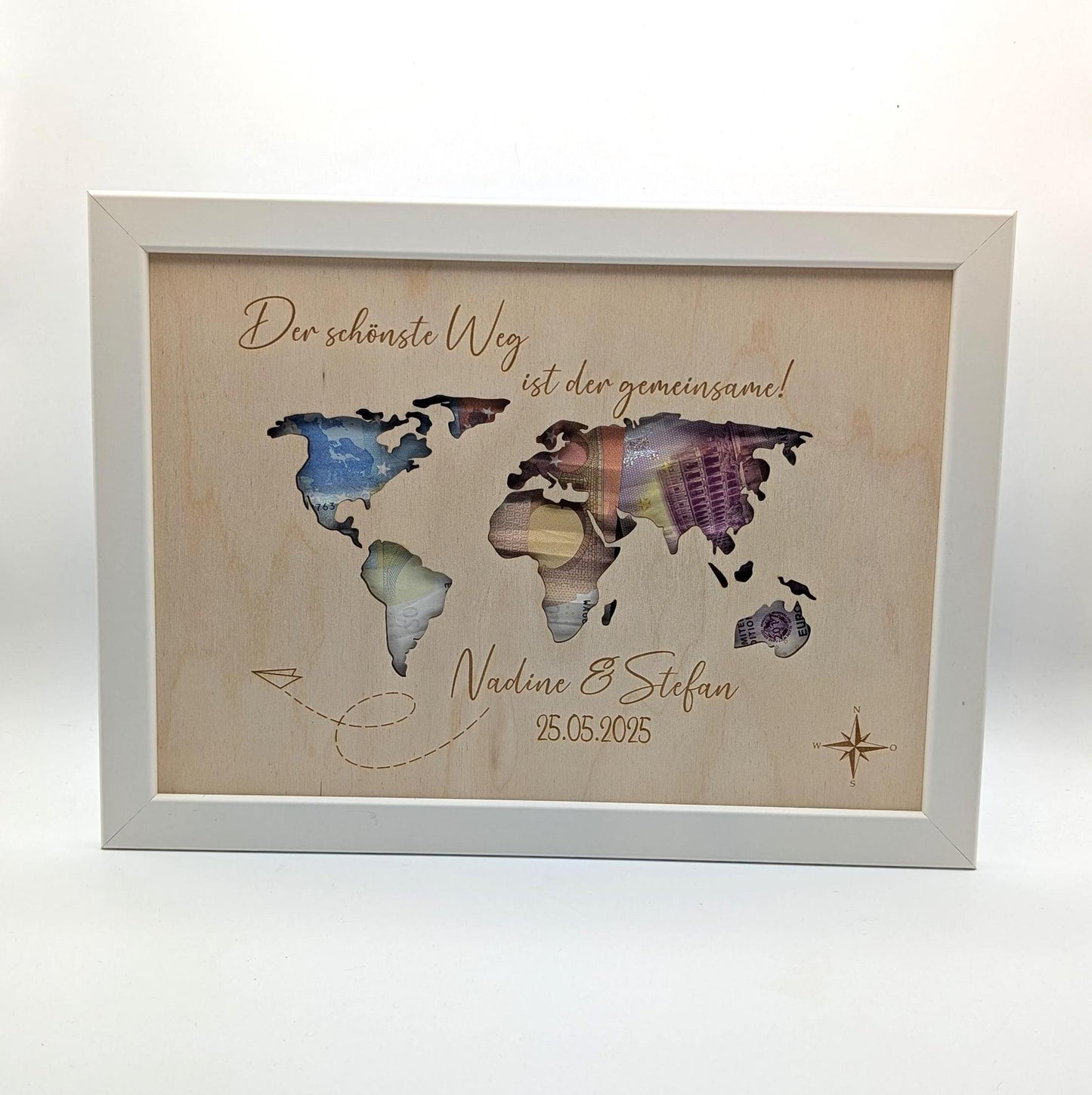 Weltkarte Geldgeschenk zur Hochzeit, Hochzeitsfeier personalisiert