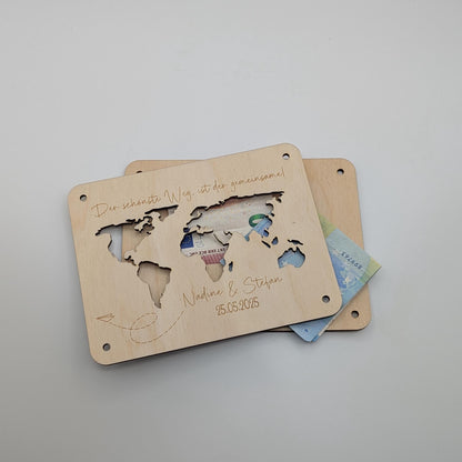 Geschenkkarte zur Hochzeit, Geldgeschenk personalisiert für das Brautpaar , aus Holz, Der schönste Weg, ist der gemeinsame. mit Namen und Datum