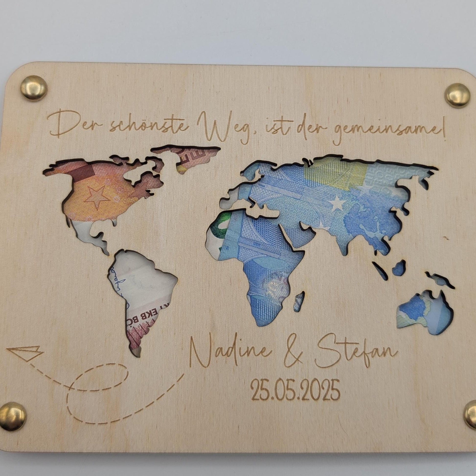 Geschenkkarte zur Hochzeit, Geldgeschenk personalisiert für das Brautpaar , aus Holz, Der schönste Weg, ist der gemeinsame. mit Namen, Datum und Papierflieger