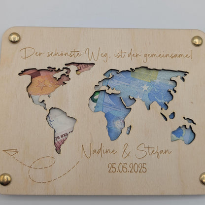 Geschenkkarte zur Hochzeit, Geldgeschenk personalisiert für das Brautpaar , aus Holz, Der schönste Weg, ist der gemeinsame. mit Namen, Datum und Papierflieger