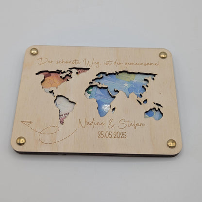 Geschenkkarte zur Hochzeit, Geldgeschenk personalisiert für das Brautpaar , aus Holz, Der schönste Weg, ist der gemeinsame. mit Namen, Datum und Papierflieger