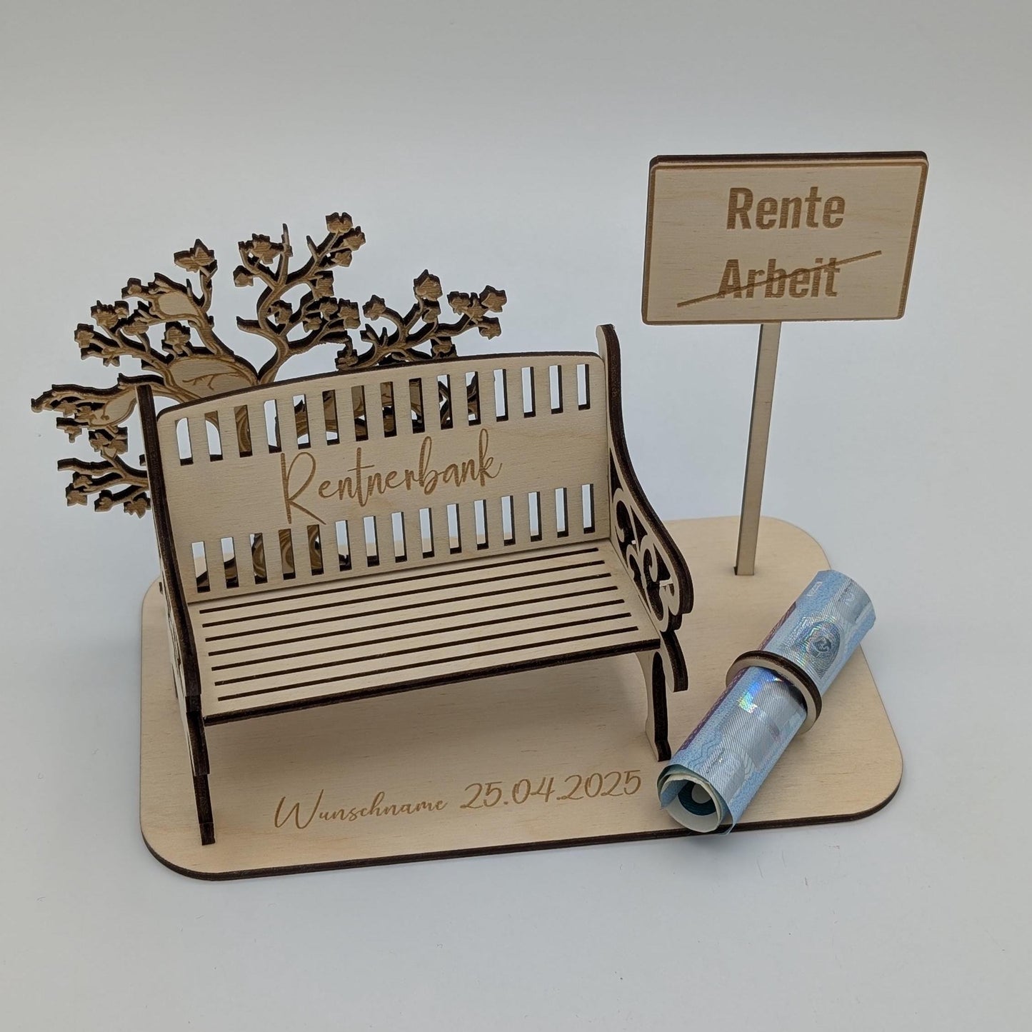 Geldgeschenk zur Rente aus Holz, Personalisiert mit Namen zum Renteneintritt, für Rentner, Rentnerin