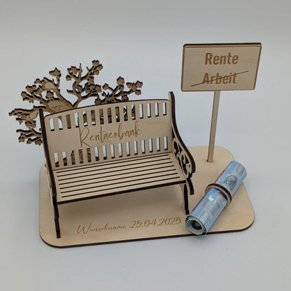 Geldgeschenk zur Rente aus Holz, Personalisiert mit Namen zum Renteneintritt, für Rentner, Rentnerin