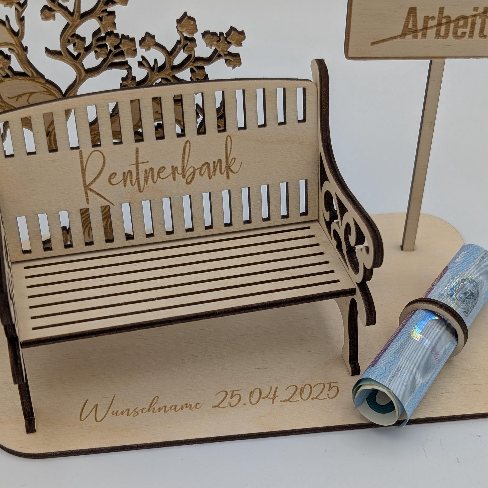 Geldgeschenk zur Rente aus Holz, Personalisiert mit Namen zum Renteneintritt, für Rentner, Rentnerin
