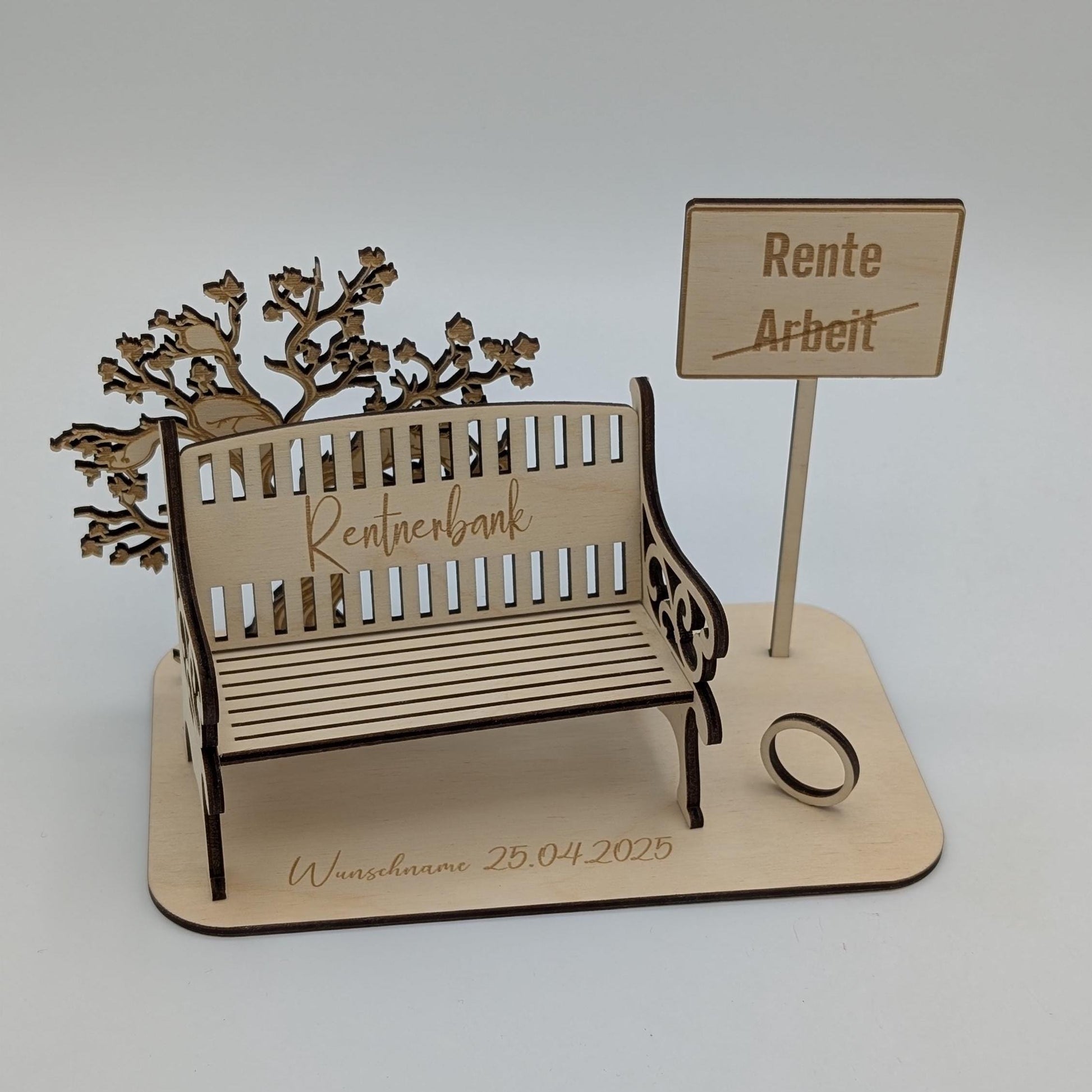 Geldgeschenk zur Rente aus Holz, Personalisiert mit Namen zum Renteneintritt, für Rentner, Rentnerin