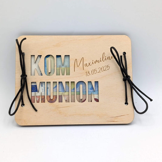Geldgeschenk, Geschenkkarte aus Birkenholz zur Kommunion, Personalisierte Geschenkidee