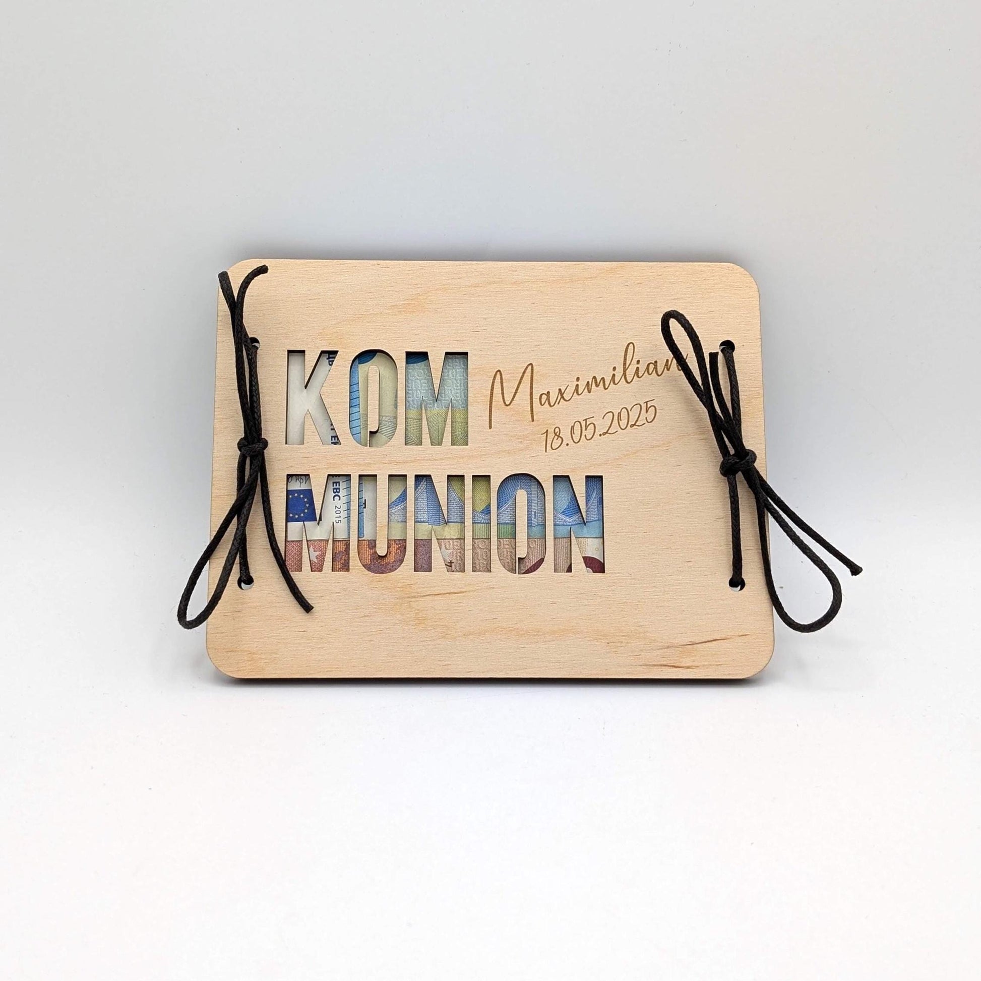 Geldgeschenk, Geschenkkarte aus Birkenholz zur Kommunion, Personalisierte Geschenkidee