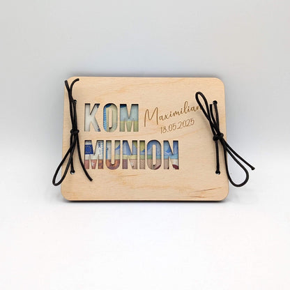 Geldgeschenk, Geschenkkarte aus Birkenholz zur Kommunion, Personalisierte Geschenkidee
