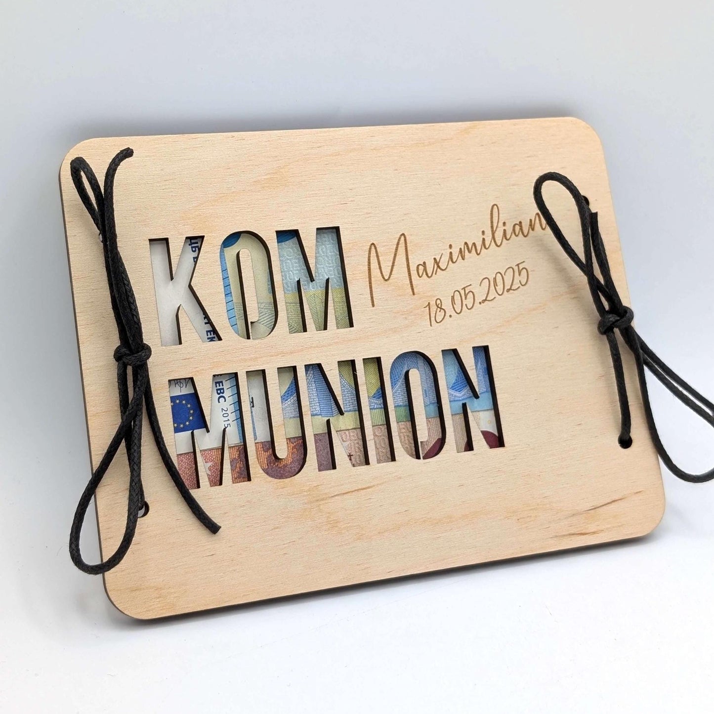 Geldgeschenk, Geschenkkarte aus Birkenholz zur Kommunion, Personalisierte Geschenkidee