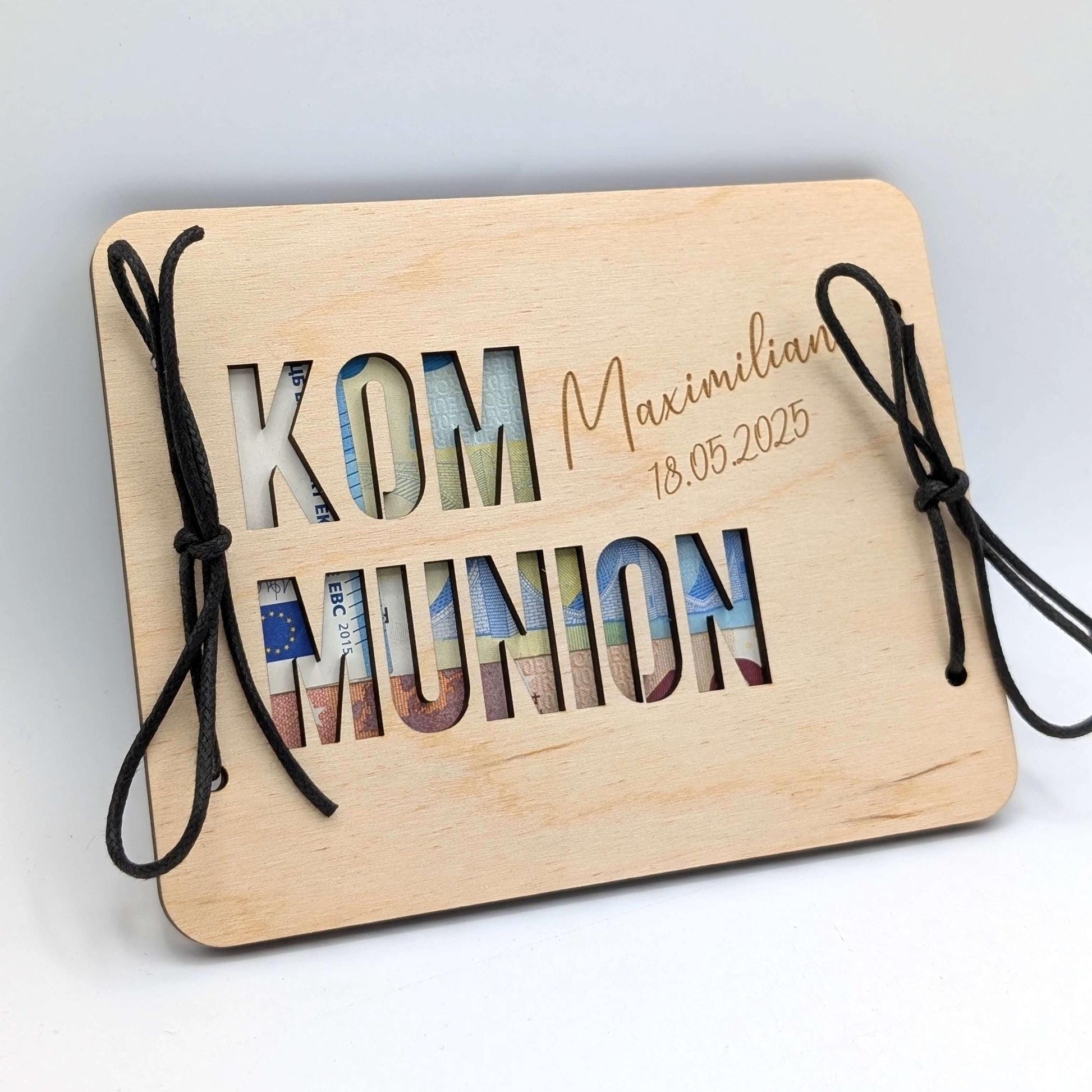 Geldgeschenk, Geschenkkarte aus Birkenholz zur Kommunion, Personalisierte Geschenkidee