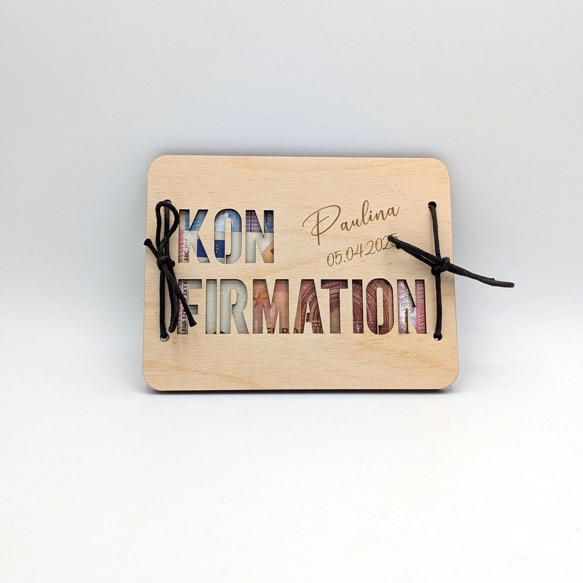 Geldgeschenk, Geschenkkarte aus Birkenholz zur Kommunion, Personalisierte Geschenkidee