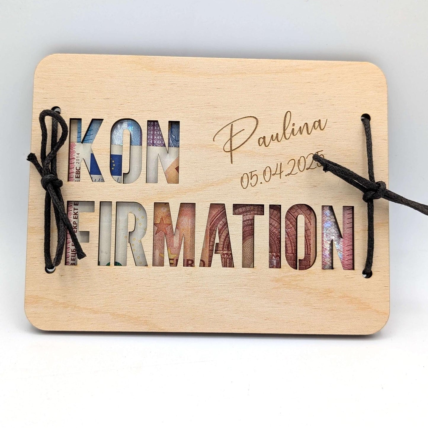 Geldgeschenk, Geschenkkarte aus Birkenholz zur Kommunion, Personalisierte Geschenkidee