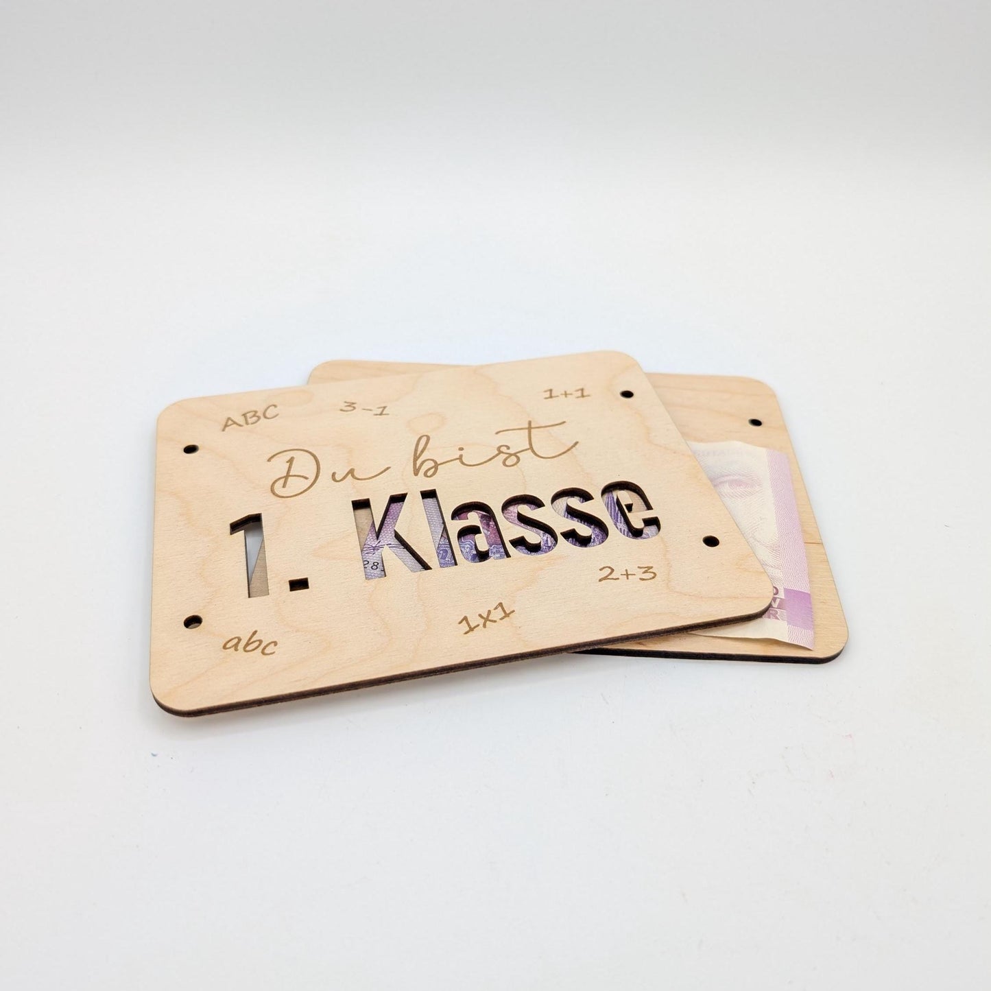 Geldgeschenk zur Einschulung, Geschenkkarte aus Holz zum Verschenken von Geld.