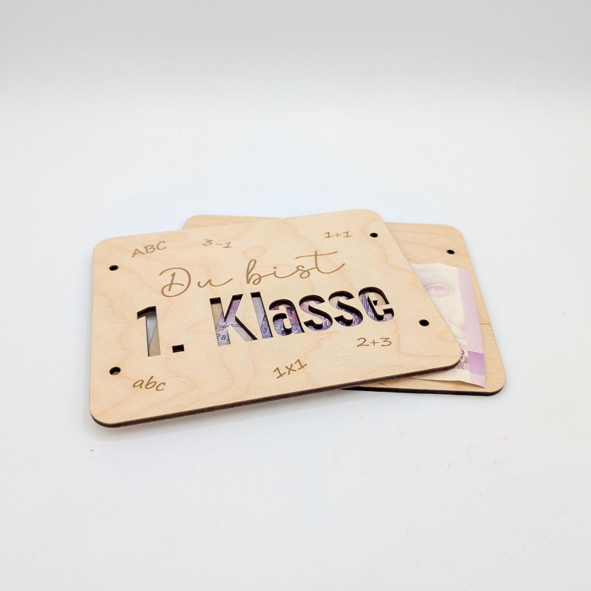 Geldgeschenk zur Einschulung, Geschenkkarte aus Holz zum Verschenken von Geld.