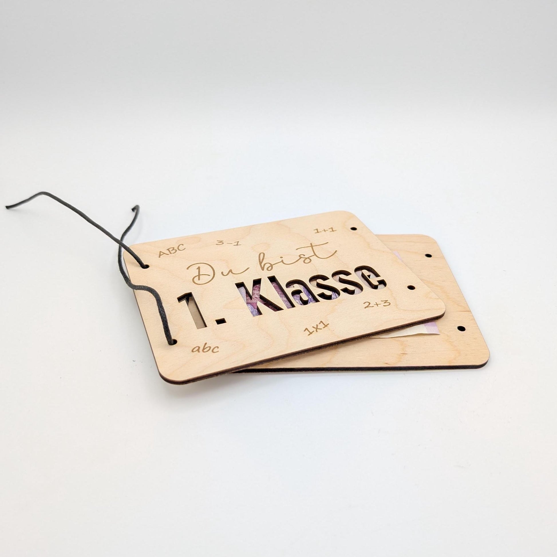Geldgeschenk zur Einschulung, Geschenkkarte aus Holz zum Verschenken von Geld.