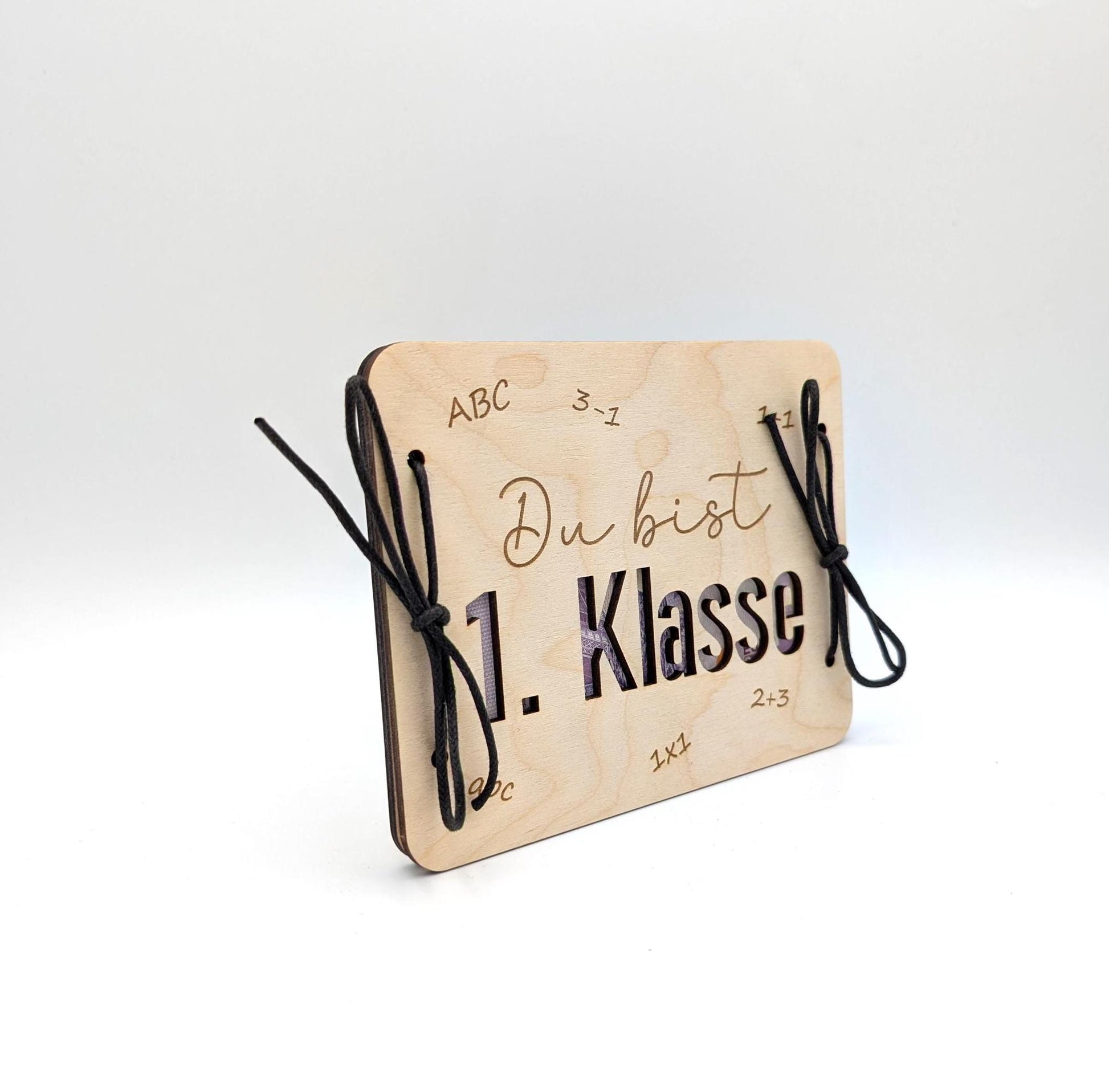 Geldgeschenk zur Einschulung, Geschenkkarte aus Holz zum Verschenken von Geld.