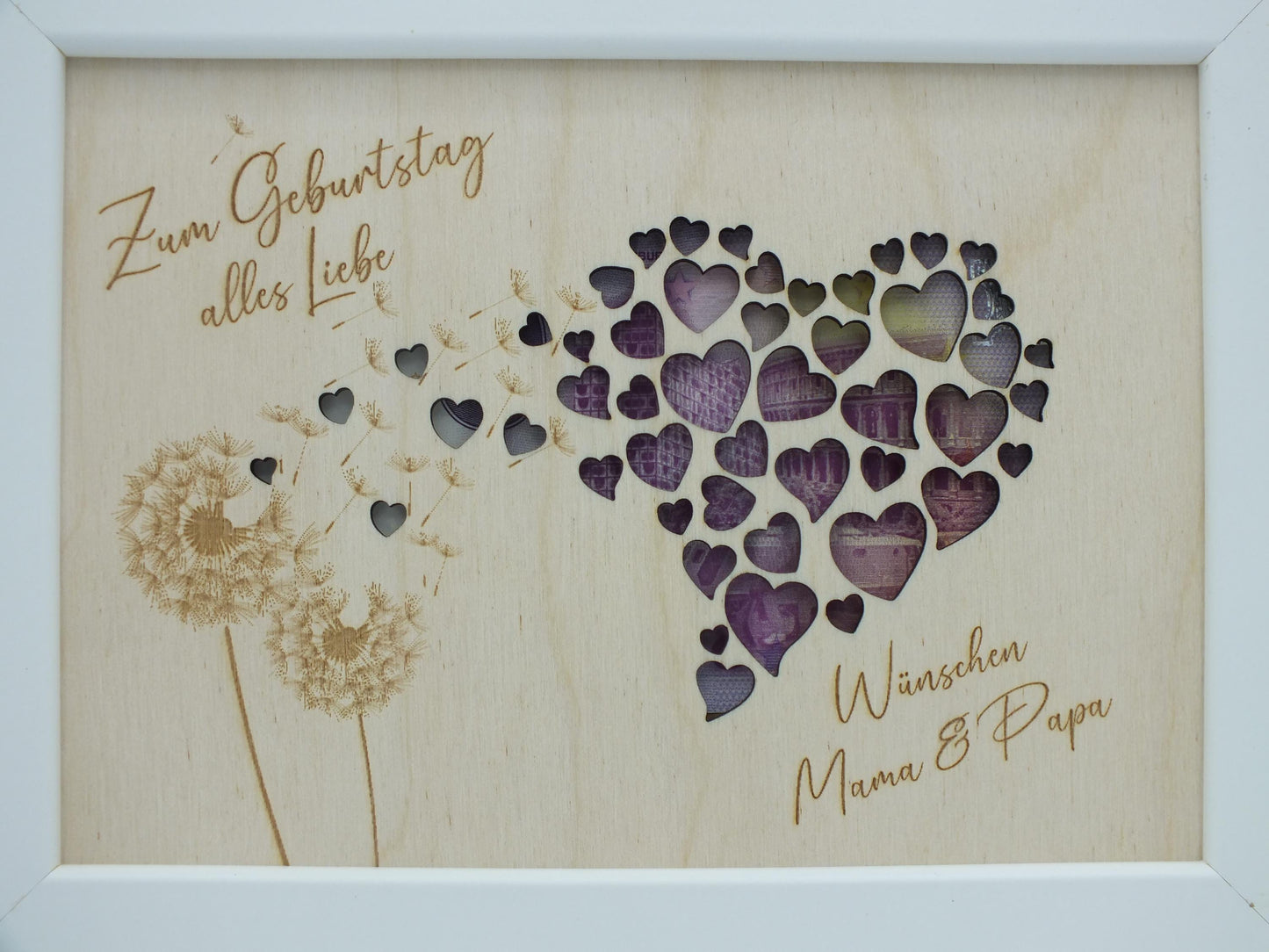 Geldgeschenk im Bilderrahmen zum Geburtstag oder Hochzeit, Herzmotiv mit Pusteblume, Größe wählbar, Größe: 13 x 18 cm oder 21 x 30 cm