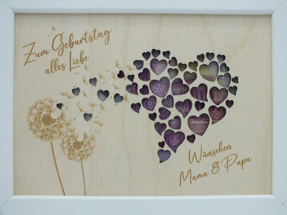Geldgeschenk im Bilderrahmen zum Geburtstag oder Hochzeit, Herzmotiv mit Pusteblume, Größe wählbar, Größe: 13 x 18 cm oder 21 x 30 cm