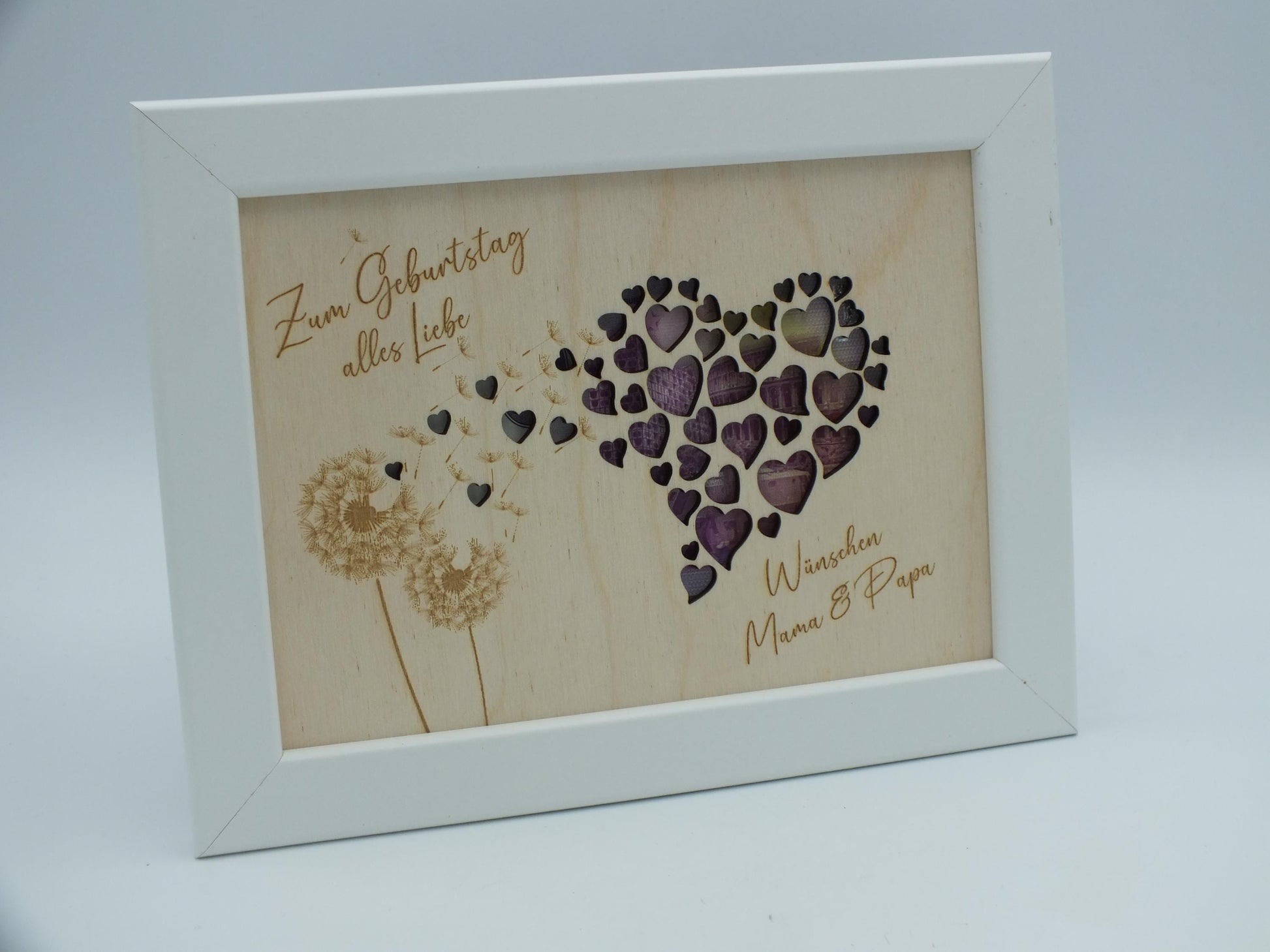 Geldgeschenk im Bilderrahmen zum Geburtstag oder Hochzeit, Herzmotiv mit Pusteblume, Größe wählbar, Größe: 13 x 18 cm oder 21 x 30 cm