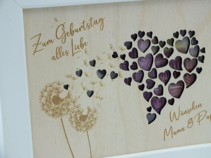Geldgeschenk im Bilderrahmen zum Geburtstag oder Hochzeit, Herzmotiv mit Pusteblume, Größe wählbar, Größe: 13 x 18 cm oder 21 x 30 cm