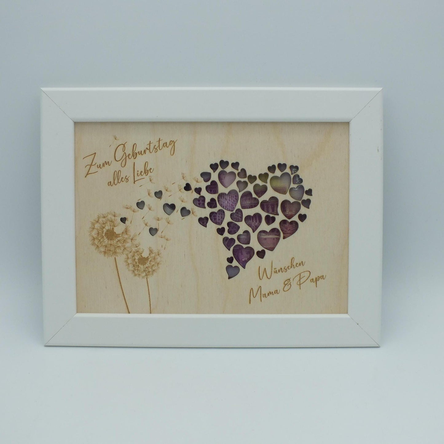 Geldgeschenk im Bilderrahmen zum Geburtstag oder Hochzeit, Herzmotiv mit Pusteblume, Größe wählbar, Größe: 13 x 18 cm oder 21 x 30 cm