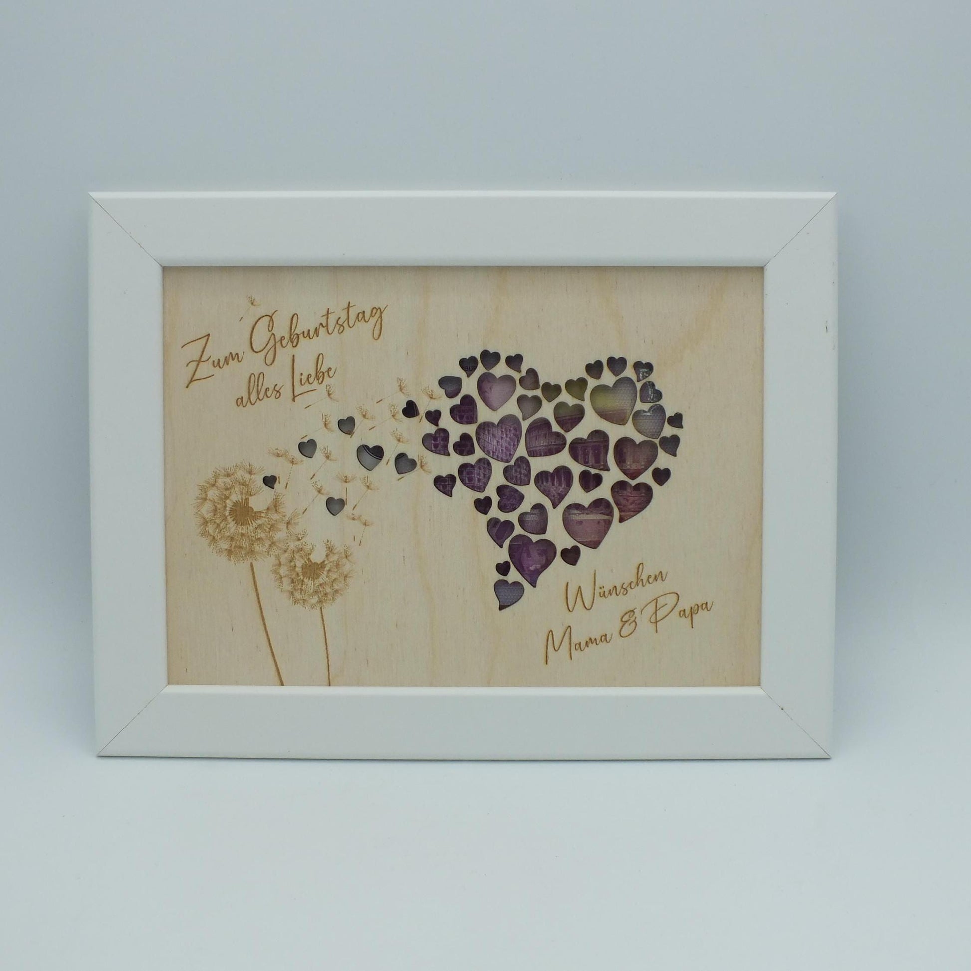 Geldgeschenk im Bilderrahmen zum Geburtstag oder Hochzeit, Herzmotiv mit Pusteblume, Größe wählbar, Größe: 13 x 18 cm oder 21 x 30 cm