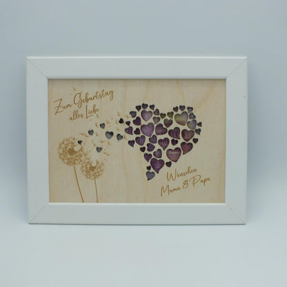 Geldgeschenk im Bilderrahmen zum Geburtstag oder Hochzeit, Herzmotiv mit Pusteblume, Größe wählbar, Größe: 13 x 18 cm oder 21 x 30 cm