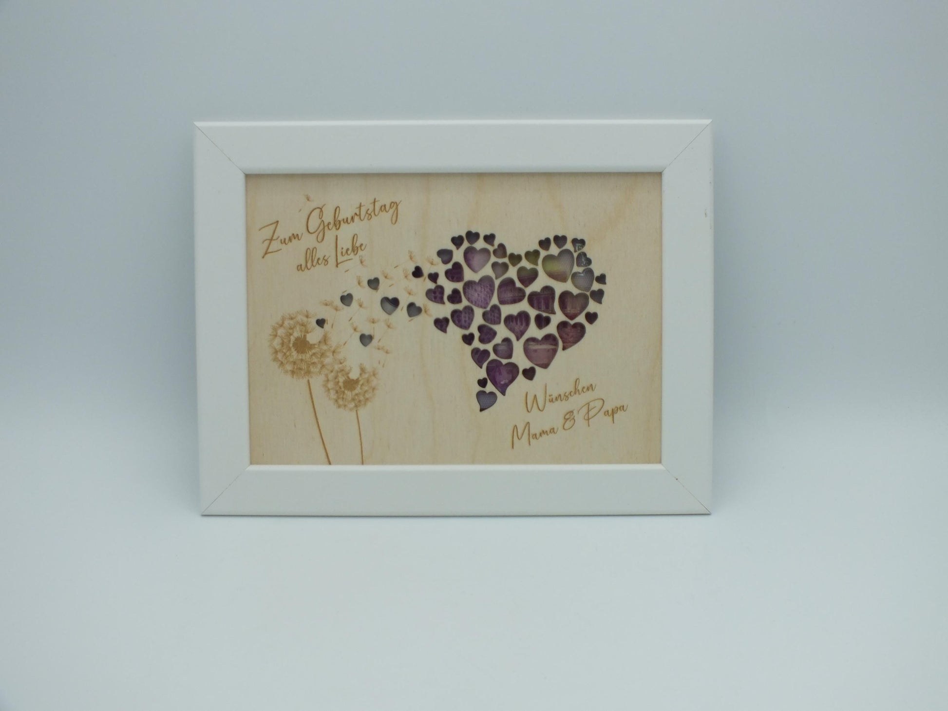 Geldgeschenk im Bilderrahmen zum Geburtstag oder Hochzeit, Herzmotiv mit Pusteblume, Größe wählbar, Größe: 13 x 18 cm oder 21 x 30 cm