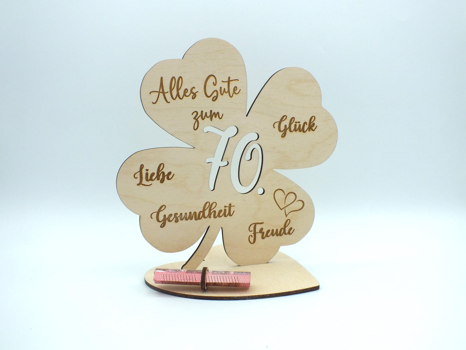 Geldgeschenk Kleeblatt Holz 70. Geburtstag, 12,5cm oder 18,0cm, Geldgeschenk auf Wunsch mit Namensgravur