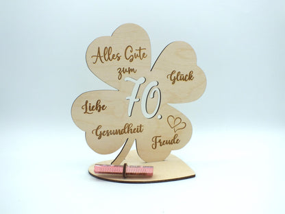 Geldgeschenk Kleeblatt Holz 70. Geburtstag, 12,5cm oder 18,0cm, Geldgeschenk auf Wunsch mit Namensgravur