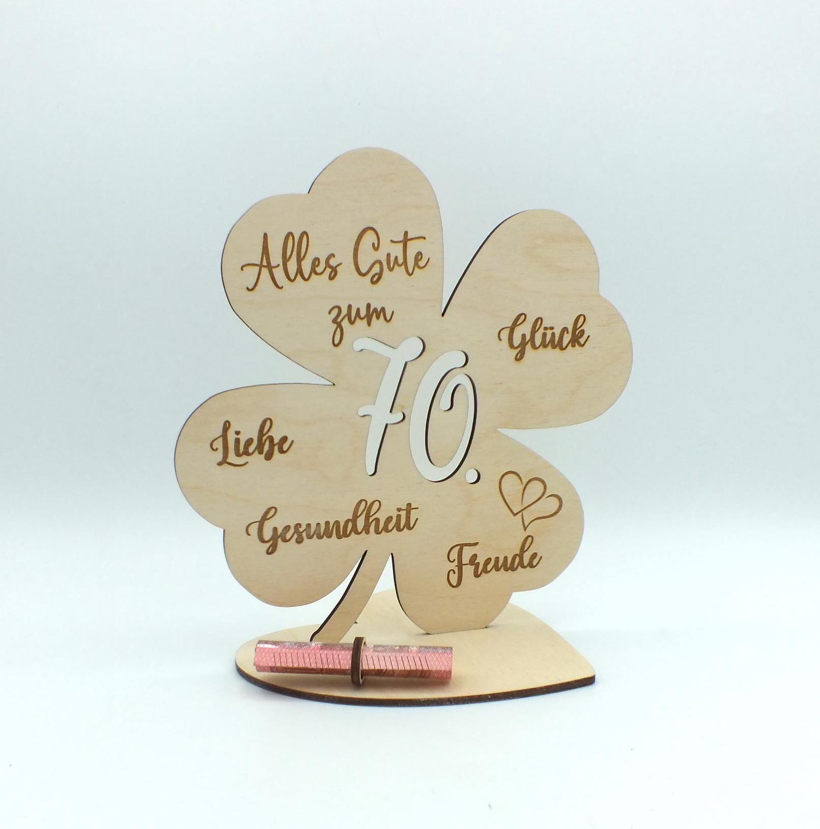 Geldgeschenk Kleeblatt Holz 70. Geburtstag, 12,5cm oder 18,0cm, Geldgeschenk auf Wunsch mit Namensgravur